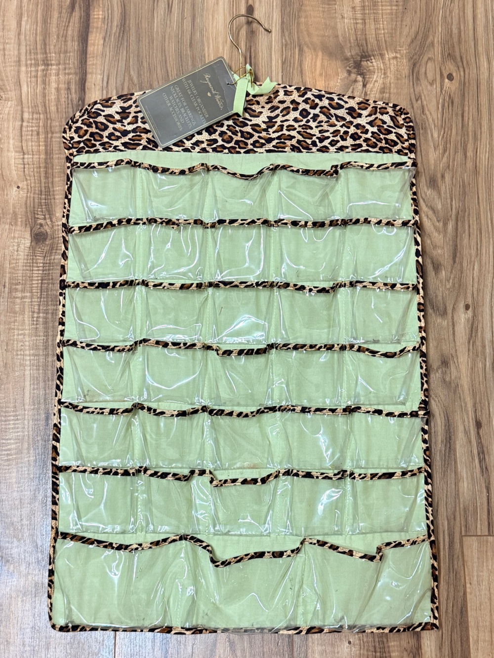 Raymond Waites Leopard Print Hanging Jewelry Organizer Clear Pockets Sage Green